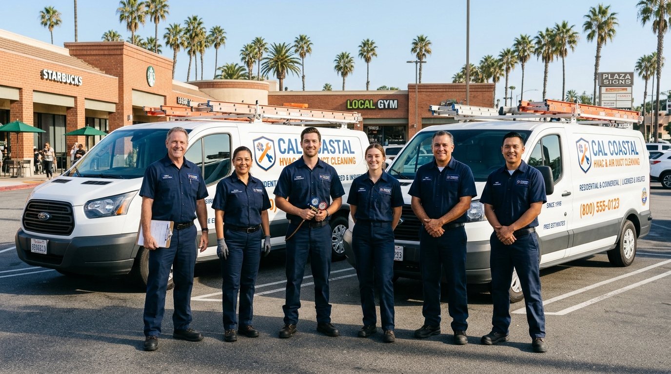 Air Duct Pros Services uniformed technicians and service vans at Southern California commercial plaza