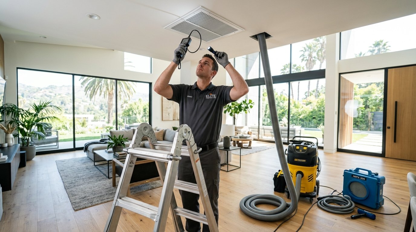 Uniformed Air Duct Pros Services technician inspecting ceiling supply vent with high-powered filtration negative air equipment in a Los Angeles home